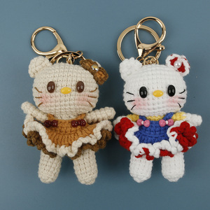 Porte-clés chat en crochet fait main avec nœud, chat blanc et brun avec nœud perlé, robe à volants, fermoir mousqueton doré, breloque <span class=keywords><strong>de</strong></span> sac - Product Image 1