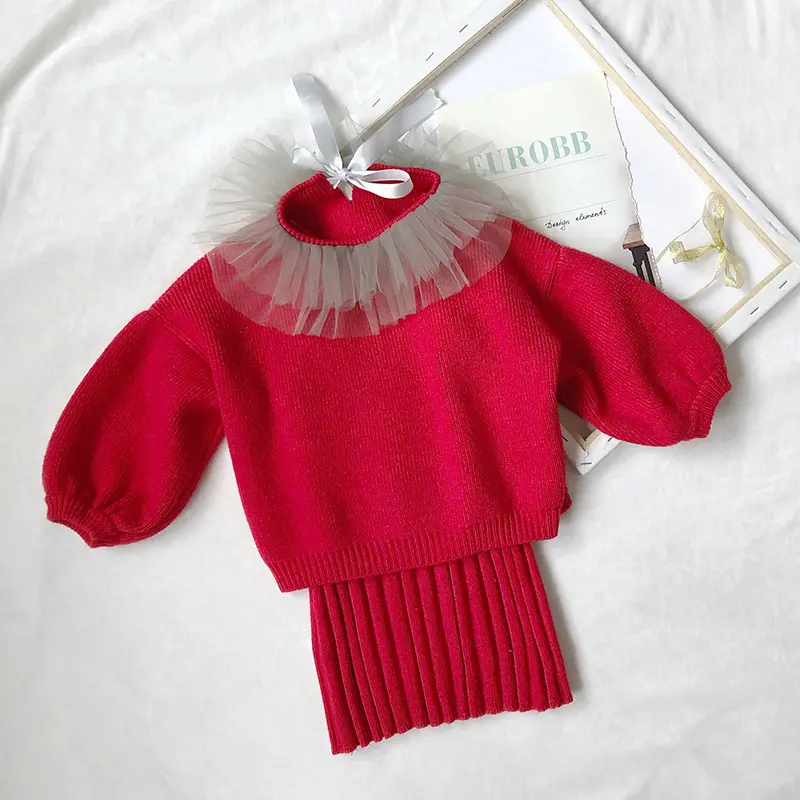 Setelan Sweater Merah Anak Perempuan, Pakaian Musim Dingin Renda Rajut Atasan + Rok