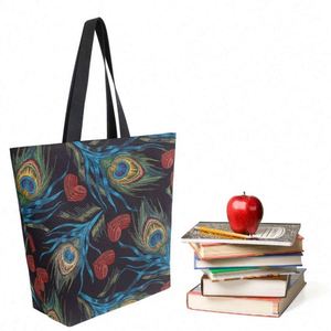 Bolso de mano elegante con plumas de pavo real, bolso grande de lona para el hombro, bolso de compras duradero y reutilizable - Product Image 5