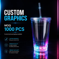 Gobelet en plastique lumineux à LED avec couvercle et paille, sans BPA, double paroi, 16 oz