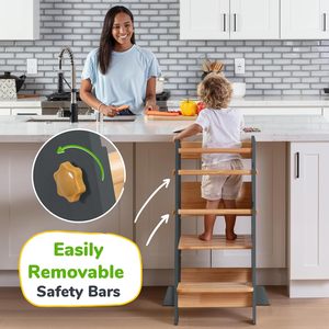 Wooden Toddler Standing Tower <strong>Kitchen</strong> Stool <strong>Helper</strong> - Upgraded Design with Safety Feet for Skill Learning - Gray - Product Image 5