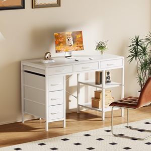 Scrivania per Computer con 6 Cassetti, Tavolo da Gaming per Ufficio Domestico con Ripiani Portaoggetti per Camera da Letto, <span class=keywords><strong>Angolo</strong></span> <span class=keywords><strong>Studio</strong></span> e <span class=keywords><strong>Soggiorno</strong></span> - Product Image 1