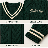 Pull personnalisé pour femme à col en V, tricot torsadé, manches longues, bordure contrastée à rayures, avec logo en relief pour l'automne et l'hiver