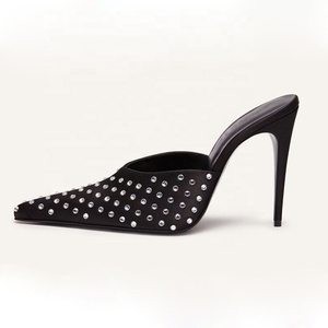 Crystal Rhinestones Big Size 45 Women on <b>Sandals</b> Dress Stiletto Party Shoes Thin High Heels Wide Fit Mules Slides - Product Image 3