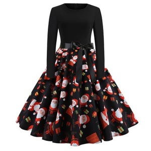 New Arrival Women's Vintage Print Long Sleeve Christmas Evening Party Swing Dress Festa Clothing Winter <strong>Clothes</strong> Black Dress - Product Image 1