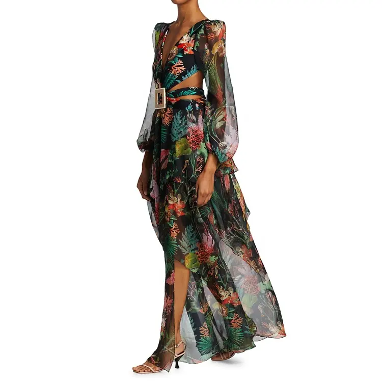 Женское пляжное платье-макси MANNI OEM с цветочным принтом, открытой спиной и оборками
