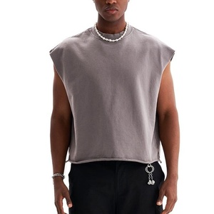 Maglietta senza maniche sportiva con bordo grezzo e stile oversize canottiera corta 100% da palestra in cotone da <span class=keywords><strong>uomo</strong></span> - Product Image 1