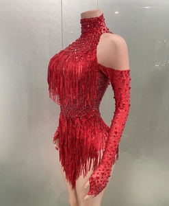 2025 Club Sexy combinaison brillant cristal transparent strass gland paillettes Performance <span class=keywords><strong>rouge</strong></span> manches longues <span class=keywords><strong>body</strong></span> pour maigre été - Product Image 5