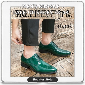 Men's British Comfortable Style Brogue Dress Shoes Closed <b>Toe</b> Black Green Lace-Up Casual Spring Summer PU Height Increasing <b>Flat</b> - Product Image 2