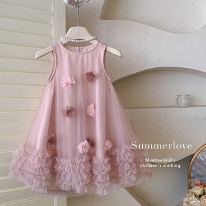 Abito da Principessa Senza Maniche per Bambine con Fiori 3D, Tessuto Morbido in Misto Cotone-Poliestere, Stile <span class=keywords><strong>Dolce</strong></span> ed Elegante, Ideale per l'Uso Quotidiano - Product Image 4