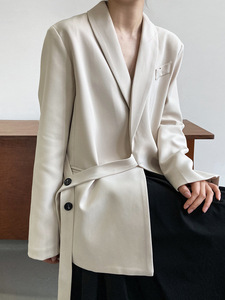 Traje Casual de Buena Calidad en Color Sólido con Cuello de Solapa, Manga Larga y Cinturón para Mujer - Product Image 3