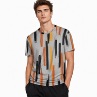 T-shirt pour homme en popeline 3D AOP avec motif, 100% polyester, gris, barres verticales brossées, séchage rapide, respirant, col rond, prêt à être expédié
