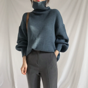 Pull col roulé rouge pour femme, manches lanternes, tricot côtelé épais en acrylique, hiver, décontracté, couleur unie, manches longues - Product Image 3