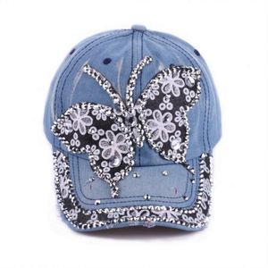 Wholesale Stylish Washed Denim 5-Panel Butterfly Rhinestone Bling Fancy Breathable Comfort Customizable Baseball <b>Cap</b> for <b>Women</b> - Product Image 2