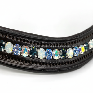 Brida de cuero hecha a mano para caballos, banda para la frente con cristales, pedido a granel, banda para la frente de cuero acolchada elegante, fabricante indio, proveedor - Product Image 1