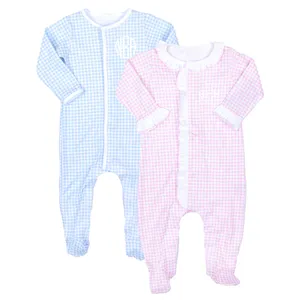 Rosa guinga volante ajuste unisex bebé footie manga larga algodón monograma recién nacido Niño casa ropa de dormir