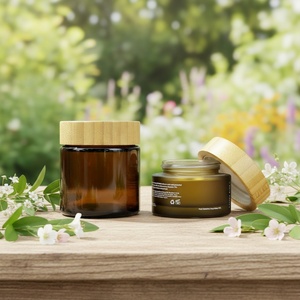Emballage cosmétique, pot à rouge à lèvres givré, ambre clair givré, 10g 30g 50g 100g, pot en verre pour crème avec bouchon à vis en bambou - Product Image 1