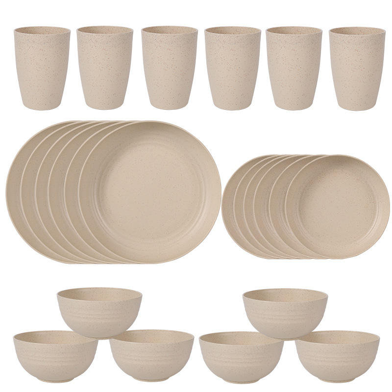 Dural Plastic Dishes 24-Pieces Multi Color Plastic Wheat Straw Dinnerware  Set for Kitchen Supply