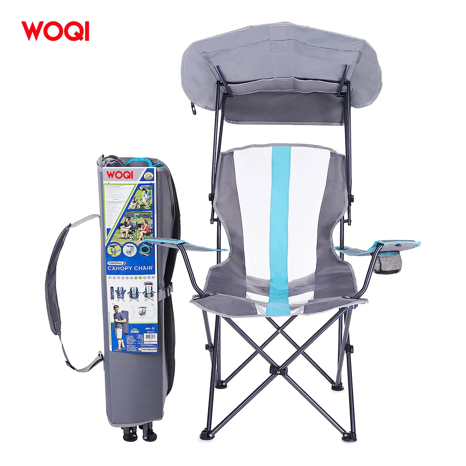 Sedia a baldacchino pieghevole WOQI adatta per portellone da campeggio e attività all'aperto grigio/azzurro