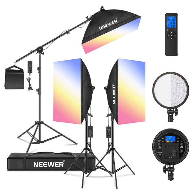 Neewer Rgb Led Softbox Lighting Kit 3200~5600k With Remote: 3-pack 48w Dimmable Led Light Head With Softbox, Stand And Arm