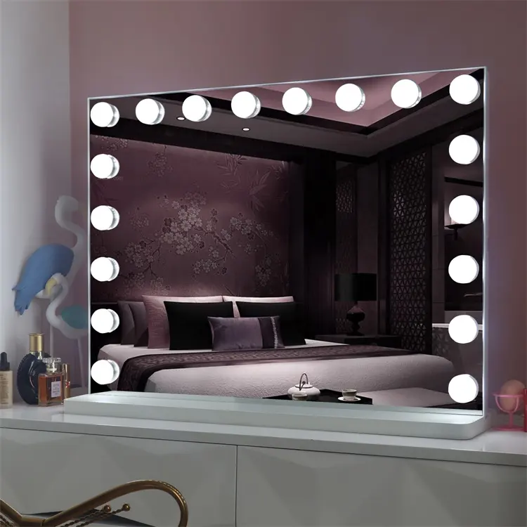 Hollywood Stijl Verlichte Mdf Stand Desktop Smart Spiegel Voor Haar Salon 18 Pcs Led Lampen