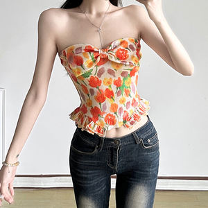 Haut décontracté sans bretelles pour femme, imprimé tulipes, avec nœud, collection printemps-été, vente en gros - Product Image 3