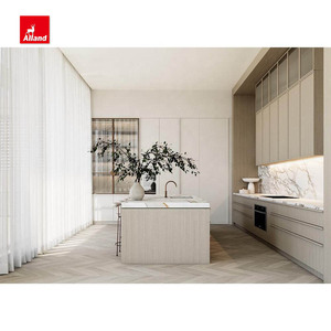 Armoires de cuisine modernes Alland High Tech avec façades modulaires en bois, placage bois véritable, crédence et carrelage mural, robinet inclus - Product Image 3