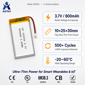 Batterie Li-Polymère Ultra-Fine Certifiée UN38.3 102530 3.7V 800mAh Taille Personnalisée pour Mini POS, Sonnette, Haut-Parleur OEM ODM - Product Image 1