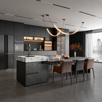 Îlot de cuisine moderne modulaire écologique personnalisé, comptoir de bar, finition brillante, rangement à vin en verre LED, meubles de salon