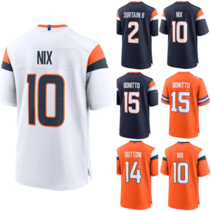 Maillot de football américain brodé pour hommes, collection 2026, vente en gros, Denver 10 Bo Nix <span class=keywords><strong>2</strong></span> Surtain II 14 Sutton 15 Bonitto 9 Hufanga 7 Elway - Product Image 1