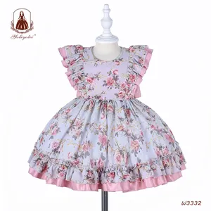 Children Wholesale Flower Girls Dresses Smocked Pink Flower Floral Ruffles Hand Made With Hat Kids Clothing 2 to 5 Years