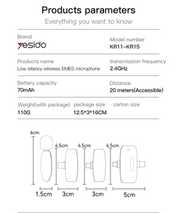 KR13 Yesido Microphone sans fil portable à réduction de bruit, transmission sans fil, prise de son à 360°, port de transmission Type-C, 2 micros MEMS sans fil - Product Image 5