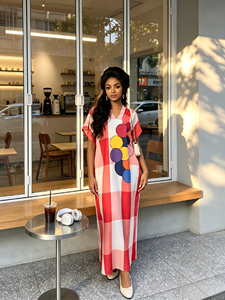 2026 New Fashionable Loose V Neck Ethnic BouBou Arrival <strong>African</strong> Pink Plaid <strong>Print</strong> Kanga <strong>Dress</strong> Plus Size Lightweight Embroidery - Product Image 6