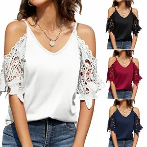 Blusa informal de manga corta con botones para verano, camisa a rayas con cuello de pico para mujer, 2023