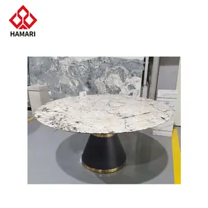 Light Artificial Stone Luxury Marble Round Coffee Table With Gold Metal Pedestal For Home Apartment