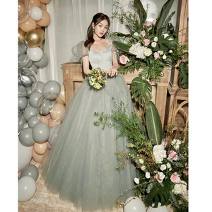 Cocktail Dress Square Neck Tulle Ball Gown Empire Waist Vintage Solid Color Red Bean Paste Green Women's Party Dress - Product Image 4