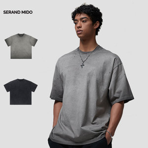 เสื้อยืดผู้ชายทรงโอเวอร์ไซส์ ผ้าคอตตอน 100% หนานุ่ม ลายนูนโลโก้ ล้างสีแบบแอซิด ลายเรียบ สไตล์วินเทจ - Product Image 4