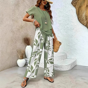 Ensemble haut imprimé et pantalon large pour femme, vert, style décontracté, tailles SMLXLXXLXXXL, style Europe Amérique - Product Image 1