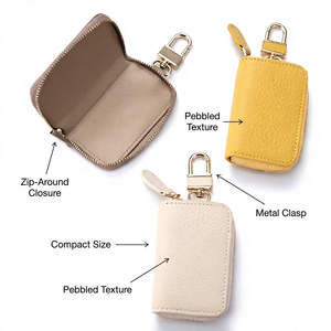 WRIZA Porte-clés minimaliste en cuir, étui zippé, porte-monnaie portable, beige, jaune, crème, étui à clés de voiture en cuir véritable avec fermeture éclair - Product Image 4