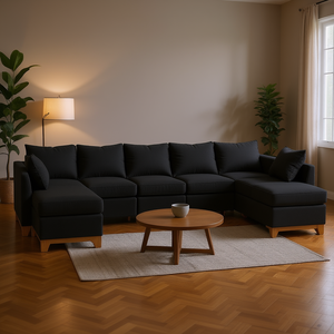 Divano Sezionale Grande 181'' in Tessuto Nero con Gambe in Legno, a Forma di L, Arredamento Moderno per Soggiorno - Product Image 2