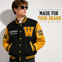 Blouson Bomber Varsity Homme OEM en Cuir Noir et Or avec Patchwork Chenille, Coupe-Vent Brodé, Marque Privée, Style Streetwear