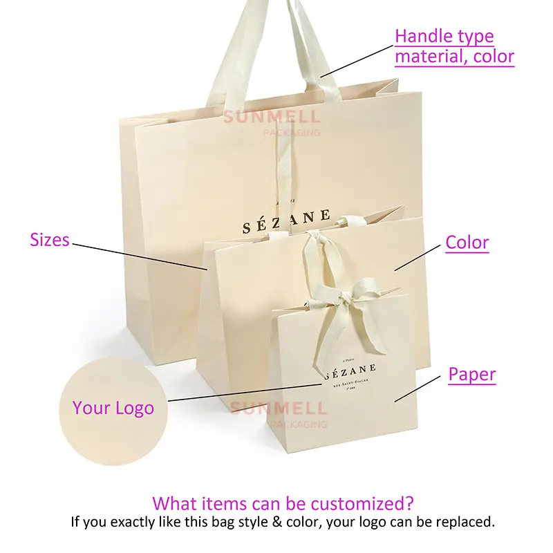 Custom Recycled Ivory Clothes Packaging Gift Bag With Ribbon Handle Luxury Cream Beige Shopping Paper Bags With Your Own Logo