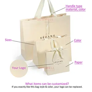 Paper Bag For Clothes Custom Recycled Ivory Clothes Packaging Gift Bag With Ribbon Handle Luxury Cream Beige Shopping Paper Bags With Your Own Logo