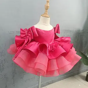 new satin pearl Children's 1 years old baby birthday fluffy yarn princess pink dress party wear