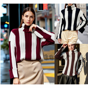 Gestreepte Gebreide Trui Met Lange Mouwen En Hoge Kraag Voor Dames - Product Image 1