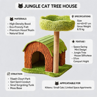 Arbre à chat moderne mini jungle 57 cm avec maisonnette en bois et feutre, perchoir en peluche et griffoir pour chats d'intérieur