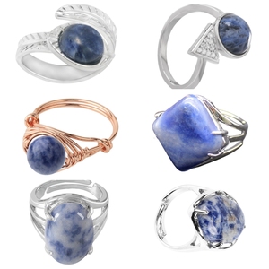 Çin toptan moda altın plaka tel sarılmış doğal Sodalite taş yüzük ayarlanabilir parmak yüzük - Product Image 3