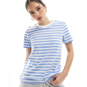 T-Shirt Casual girocollo in cotone poliestere Custom Guangzhou Jwin magliette <span class=keywords><strong>a</strong></span> maniche corte da <span class=keywords><strong>donna</strong></span> <span class=keywords><strong>a</strong></span> <span class=keywords><strong>righe</strong></span> blu <span class=keywords><strong>e</strong></span> bianche - Product Image 1