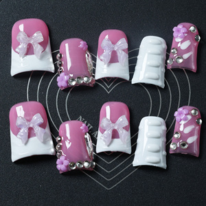 Uñas acrílicas artesanales de alta gama al por mayor, uñas postizas cortas de cobertura completa con forma de pico de pato, con pedrería, diseño 3D, personalizables - Product Image 2