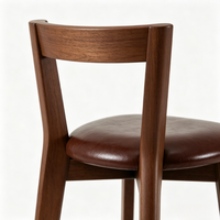 Tabouret de bar scandinave minimaliste en bois massif avec dossier à lattes, chaise de comptoir, coussin en cuir PU marron, base noire